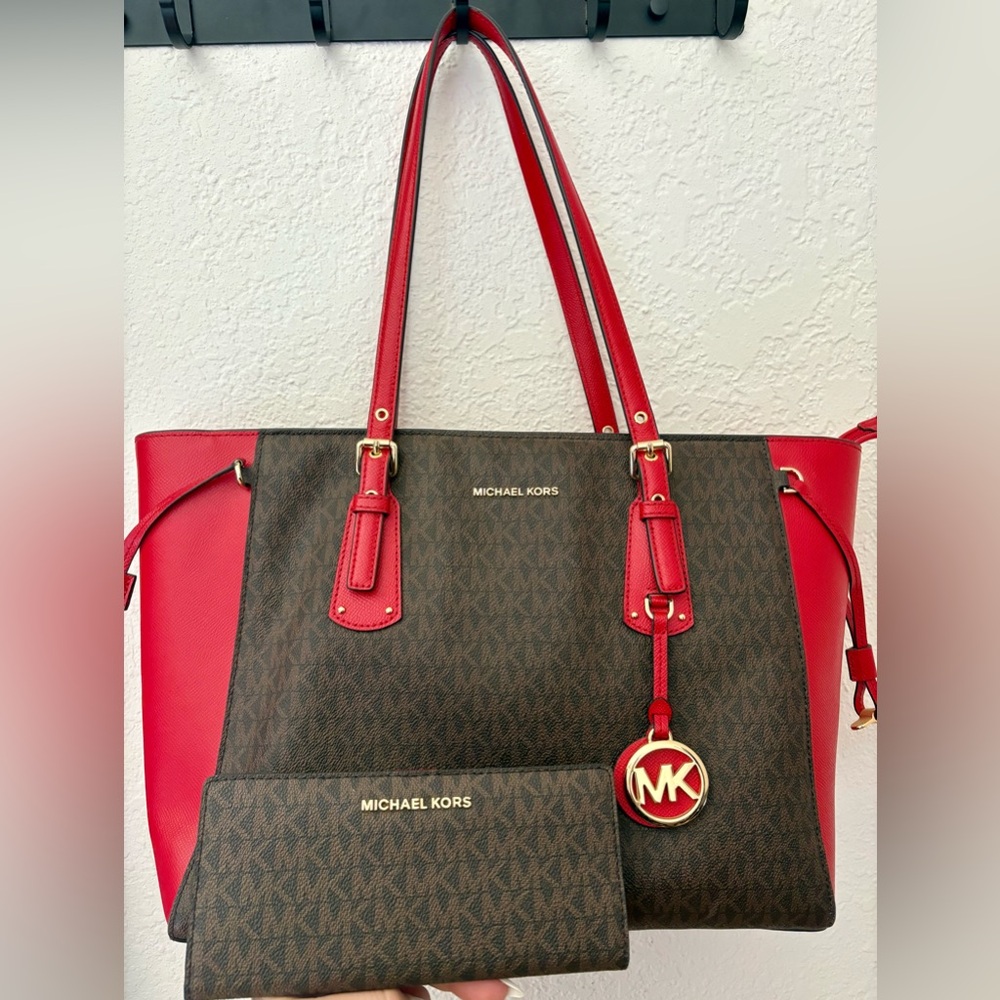 Michael Kors Red and Brown Tote Bag + Wallet